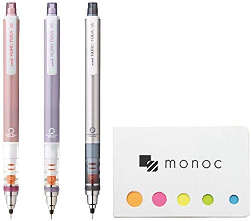Uni Kuru Toga Standard Model Auto Lead Rotation Mechanical Pencil 0.5 mm, Body Color(Baby Pink, Violet, Silver), 3-Pack &"monoc" Sticky Note(Japan Import) - 