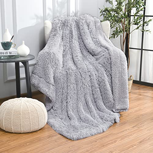 junovo Super Soft Shaggy Longfur Faux Fur Blanket, Fuzzy Throw Blanket for Bed, Fluffy Cozy Plush Light Blanket, Washable Warm Furry Throw Blanket for Couch Sofa Chair Home Decor, 50"x60" Sliver Grey - Sliver Grey - Throw-50"x60"