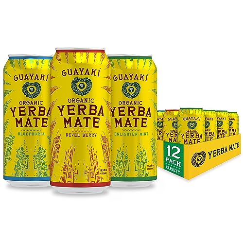 Guayaki Yerba Mate, Clean Energy Drink Alternative, Organic Variety Pack (Enlighten Mint, Revel Berry, Bluephoria), 15.5oz (Pack of 12), 150mg Caffeine - Variety Pack - 15.5 Fl Oz (Pack of 12)