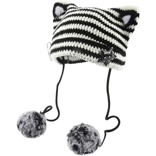 Y2k Beanie Cat Ear Gyaru Acubi Devil Crochet Hats Cute Kawaii Star Grunge Aesthetic Pompoms Cutecore Y2k Harajuku Clothes - One Size - White