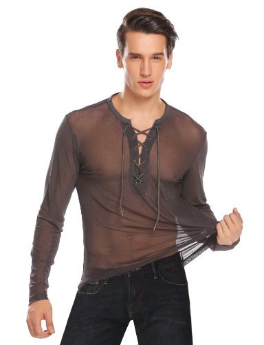 Lace See-Through Long Sleeve T Shirt - Grey Medium