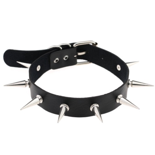 Choker Collar - Leather PU Black-tone / Silver-tone Spikes Rivets Spiked Punk Rock Gothic Choker Collar Necklace - Silver Spikes, Black