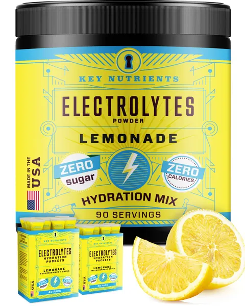 KEY NUTRIENTS Electrolytes Powder - Refreshing Lemonade Electrolyte Drink Mix - Hydration Powder - No Sugar, No Calories, Gluten Free - Powder and Packets (20, 40, 90 Servings) - Made in USA