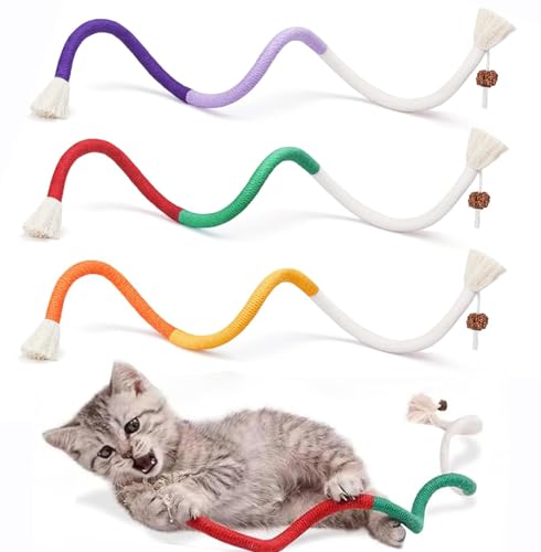 Petelligent 3-Pack Bent Cat Rope Toy, Pet Chew Toys, Interactive Tease Toys for Cats and Kittens, Bite-Proof Playthings, Cotton Rope Kitten Toys for Dental Care and Stress Relief, Pet Supplies - Large 3 Pack