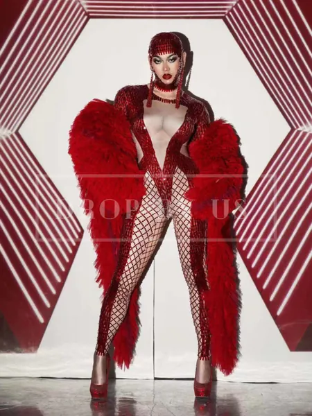 Shiny Sequin Red Jumpsuit, Coat, Headwear Set |  Sparkly Rhinestone  Drag  Queen Costume | Festival Outfit | Showgirl Clothing