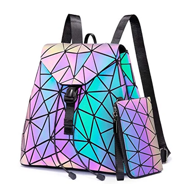 LOVEVOOK Geometric Luminous Backpack for Women Holographic Reflective Purses Crossbody Bag Wallet