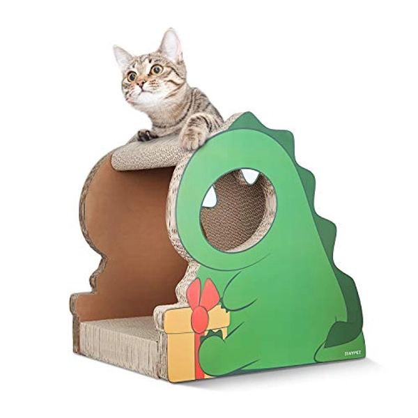 FluffyDream Cat Condo Scratcher Post Cardboard,Dinosaur Shape Cat Scratching House Bed Furniture Protector, Green Colour