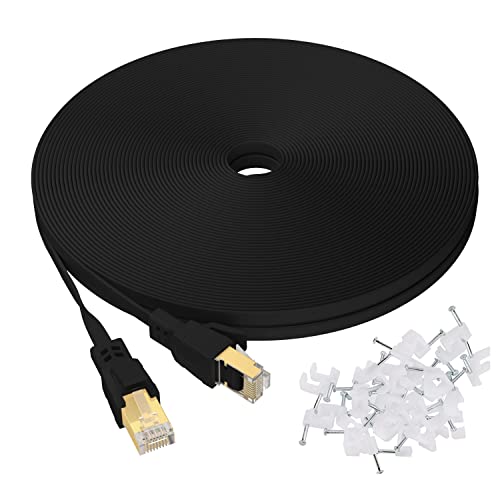 Cat8 Ethernet Cable, Outdoor&Indoor, 50 FT Heavy Duty High Speed Cat 8 LAN Network Cable, 40Gbps 2000MHz RJ45 Flat Internet Computer Patch Cord, Weatherproof S/FTP UV Resistant for Router/Modem/Gaming - 50ft - Black