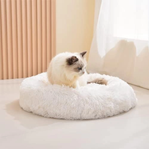 Gavenia Cat Beds, 23.6''x23.6'' Washable Donut Bed, Plush Cushion, Waterproof Bottom, Calming & Self-Warming, White.
