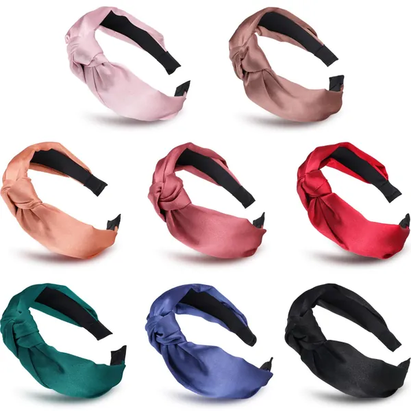 Silk Headbands Satin Knot Headband for Women Girls, 8 Pcs Topknot Headband Solid Color Cross Wide Hairbands Elastic Hair Accessories - 