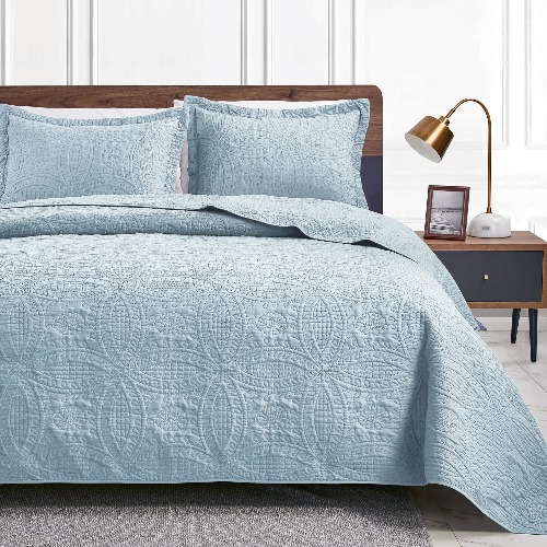 Love's cabin King Size Quilt Set Spa-Blue Bedspreads - Soft Bed Summer Quilt Lightweight Microfiber Bedspread- Modern Style Coin Pattern Coverlet for All Season - 3 Piece (1 Quilt, 2 Pillow Shams) - King Coin Pattern Spa-blue