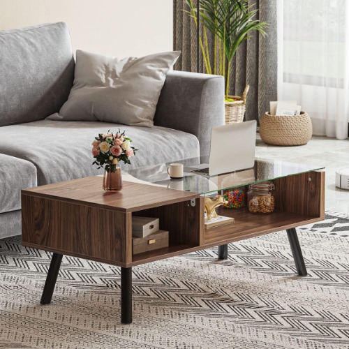 YITAHOME Glass Coffee Table with Storage Shelf 2-Tier Wood Modern Center Table Accent Metal Legs Cocktail Dining Table for Home Office Living Room, Walnut - 