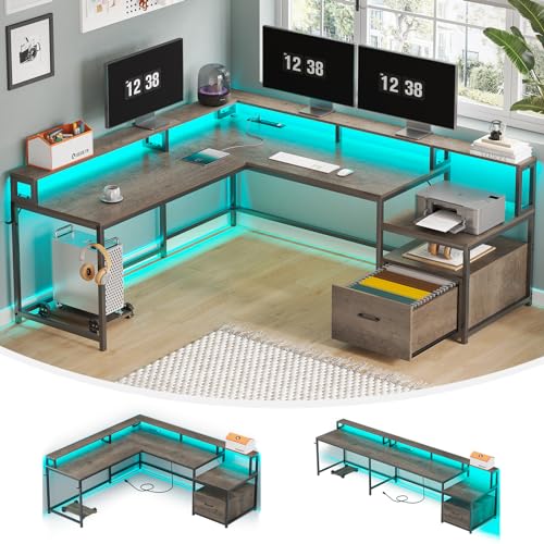 SEDETA L Shaped Desk, 66" Home Office Desk with File Drawer and Power Outlet, Corner Computer Desk with Monitor Shelf, Printer Storage Shelves, Gaming Desk with Led Lights, Two Person Desk, Walnut - 66X48inch - Walnut