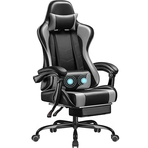 Homall Gaming Chair, Video Game Chair with Footrest and Massage Lumbar Support, Ergonomic Computer Chair Height Adjustable with Swivel Seat and Headrest (Grey) - Grey