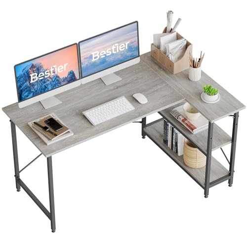 Bestier L Shaped Desk with Storage Shelves 55 Inch Corner Computer Desk Writing Study Table Workstation for Home Office, Wash Gray - Wash Gray - 55 Inch