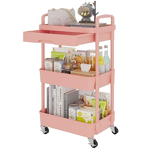 Calmootey 3-Tier Rolling Utility Cart with Drawer,Multifunctional Storage Organizer with Plastic Shelf & Metal Wheel,Storage Cart for Kitchen,Bathroom,Living Room,Office,Pink - 3-Tier - Pink