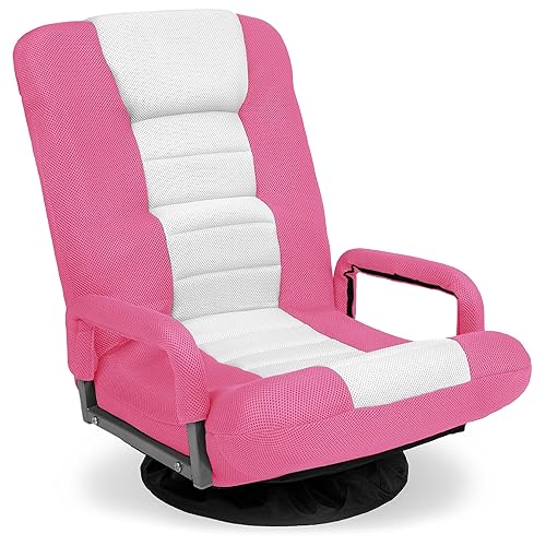 Best Choice Products Swivel Gaming Chair 360 Degree Multipurpose Floor Chair Rocker for TV, Reading, Playing Video Games w/Lumbar Support, Armrest Handles, Adjustable Foldable Backrest - Pink/White - Pink/White - 22.5"D x 22"W x 30"H