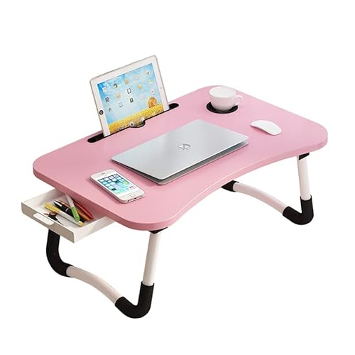 Lap Desk with Storage Drawer, Holders for Cup and Tablet, Tray Table with Foldable Legs, Laptop Bed Stand, Portable Standing Table for Sofa Couch Floor (23.6", Pink) - 23" - Pink