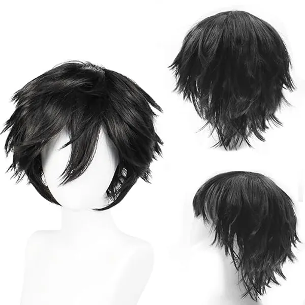 Dcbaboo Black Wig Short Curly Wig Men/Women Wigs Anime Cosplay Wig 12" Natural Fluffy Layered Straight Hair Unisex Halloween Wig Fancy Dress Synthetic Full Wig with Wig Cap - Black