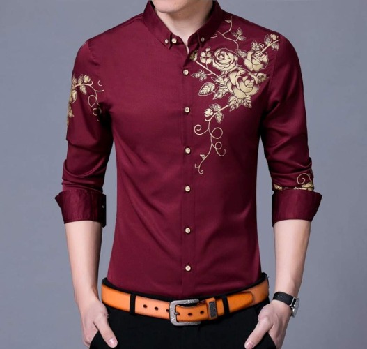 Mens Button Front Shirt with Floral Design - Red / L
