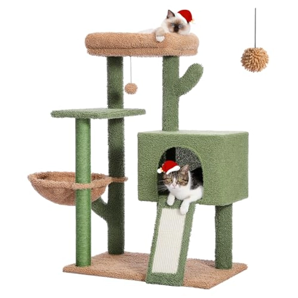 PAWZ Road 41 Inches Cactus Cat Tower with Sisal Covered Scratching Post and Cozy Condo for Indoor Cats, Cat Climbing Stand with Plush Perch &Soft Hammock for Multi-Level Cat Play House - 41 Inches - Cactus Green