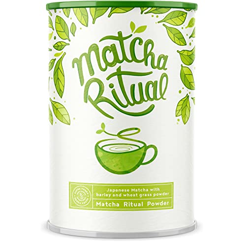 Matcha Pulver - 210g - Matcha Latte - Feinster heiliger japanischer Zeremonien-Matcha ergänzt mit Kokosmilch, Weizengras und Gerstengras