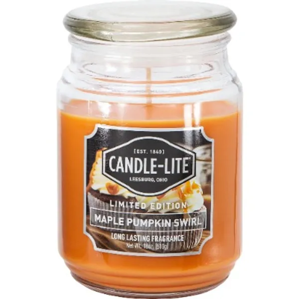 Candle-lite ® Große Duftkerze im Glas mit Deckel - Maple Pumpkin Swirl (510g) - süßlicher Kürbismuffin Duft für den Winter - Duftkerze mit bis zu 110h Brenndauer - Everyday Kollektion