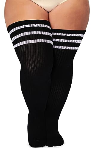 Ancrina Plus Size Oberschenkelhohe Damensocken für dicke Oberschenkel - Schwarz & Weiß Streifen - Einheitsgröße Große Größen