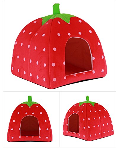 Keysui Soft Strawberry Pet Igloo Dog Cat Bed House Kennel Doggy Cushion Basket Red - M - Large - Red