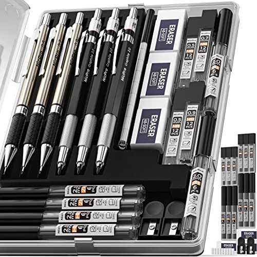 Nicpro 6PCS Art Mechanical Pencils Set, 3 PCS Metal Drafting Pencil 0.5 mm & 0.7 mm & 0.9 mm & 3 PCS 2mm Graphite Lead Holder (2B HB 2H) For Writing, Sketching Drawing With 12 Tube Lead Refills Case - Silver