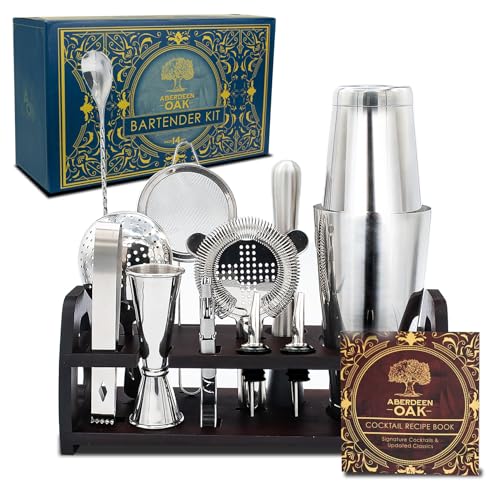 Aberdeen Oak Mixology Bartender Kit - Extra Thick Stainless Steel Cocktail Shaker Set for Mixing - Includes XL Boston Shaker & Premium Bamboo Stand - Bar Cart Accessories/Bartending Tools for Home - Bartender Kit