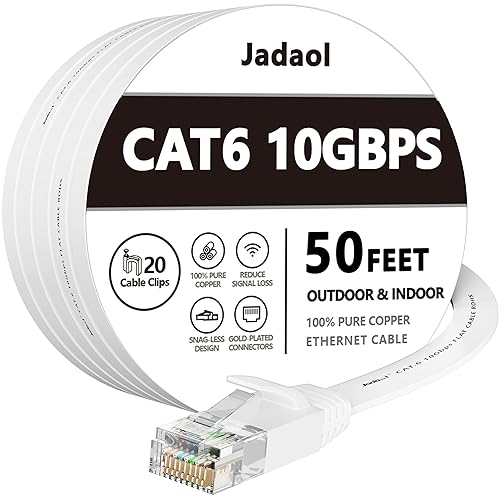 Jadaol Cat 6 Ethernet Cable 50 ft, Outdoor&Indoor 10Gbps Support Cat8 Cat7 Network, Flat Fast Speed RJ45 Internet LAN Computer Solid Patch Cord with Clips for Router, Modem, PS4/5, Xbox, Gaming, White - 50ft - Flat - White