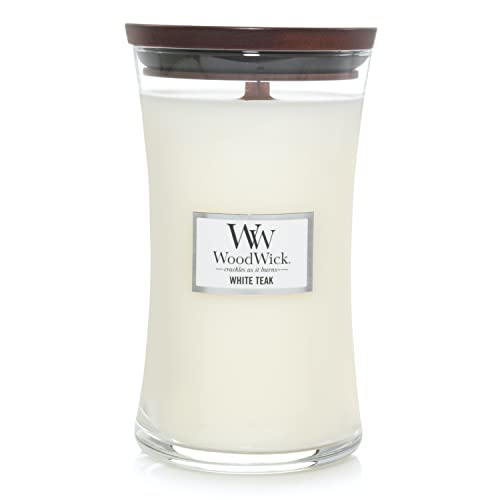 WoodWick Large Hourglass Candle in White Teak, Premium Soy Blend Wax with Crackling Pluswick Innovation Wood Wick - WHITE TEAK - Large Hourglass