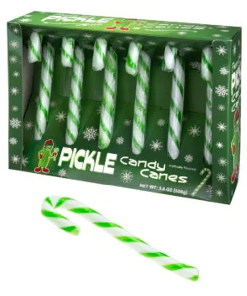 Pickle Candy Canes: Sweet candy canes with a delicious dill flavor.