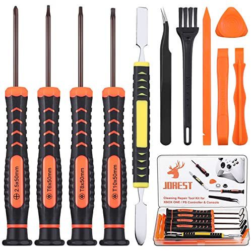 JOREST Repair Kit for PS4 PS3 PS5 Xbox one/360, PH0 and T6 T8 T10 Torx Security Screwdriver, Crowbars, Tweezers, Brush, Grip Caps, Screws, Cleaning and Disassembly Tool for Controller and Console