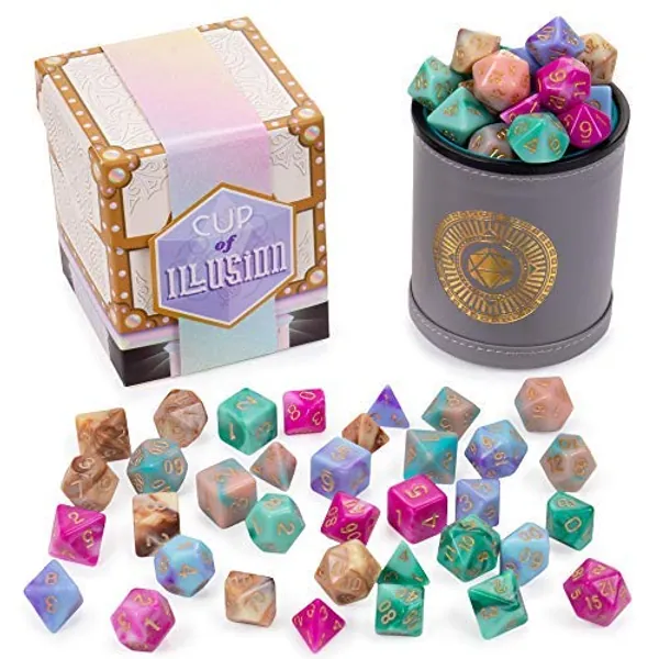 Wiz Dice Cup of Illusion - DND Dice Set for Tabletop RPG Adventure Games with a Dice Cup - Polyhedral Dice Set, Suitable for Dungeons and Dragons and Dice Games Alike - 5 Complete Sets - 35 ct - Cup of Illusion