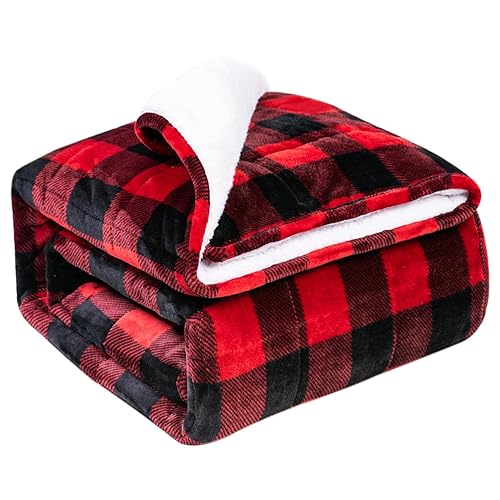Wemore Sherpa Fleece Weighted Blanket for Adult 15 lbs Dual Sided Cozy Fluffy Heavy Blanket,Ultra Fuzzy Throw Blanket with Soft Plush Flannel Top,60 x 80 inches, Plaid Red - Plaid Red - 60" x 80" 15lbs