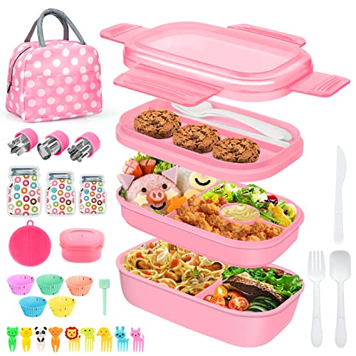 LEITAO 29 Packs Bento Box Kids Adult Lunch Box 1900ML 3 Layer Stackable Lunch Box with Lunch Bag, Multiple Compartments Bento Box With Built-in Utensil Set, DIY Accessories, Bags (Pink) - Pink