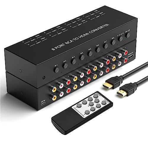 8 Port RCA to HDMI Converter 1080P/720P RCA Composite CVBS AV Switch to HDMI Converter Adapter Support 4:3/16:9 Switch, for Sega Xbox PS1 PS2 PS3 N64 NGC SNES WII VHS VCR Camera DVD(with Remote - 8 Way RCA Converter