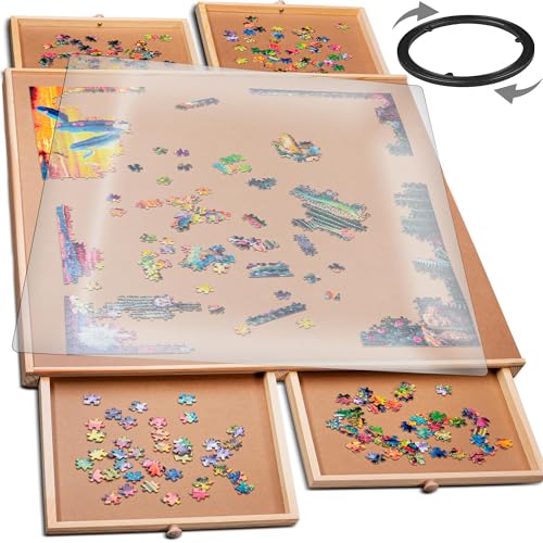 PLAYVIBE Rotating Jigsaw Puzzle Board with Drawers 1000 Piece – Puzzle Table with Cover, 4 Drawers, 22 1/4” x 30" – Wooden Puzzle Organizer – Puzzle Accessories - 1000 Piece Rotating