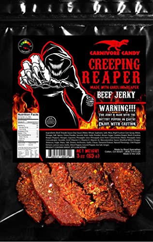 JURASSIC JERKY’S “CREEPING REAPER” Carolina Reaper Beef Jerky (1)-3oz Bag The Reaper is the HOTTEST Pepper in the world! Sweet with Heat~ - Spicy - 3 Ounce (Pack of 1)
