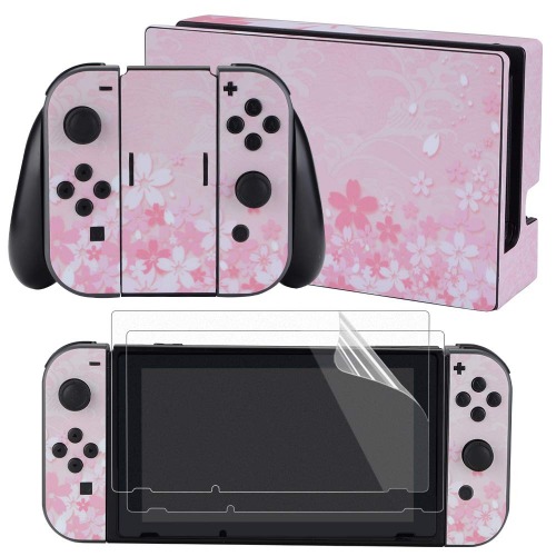 eXtremeRate Komplett set frontplattor skalklistermärken + 2 st skärmskydd för Nintendo Switch (konsol och glädjekon, docka och grepp) – körsbärsblommor - Körsbärsblommor