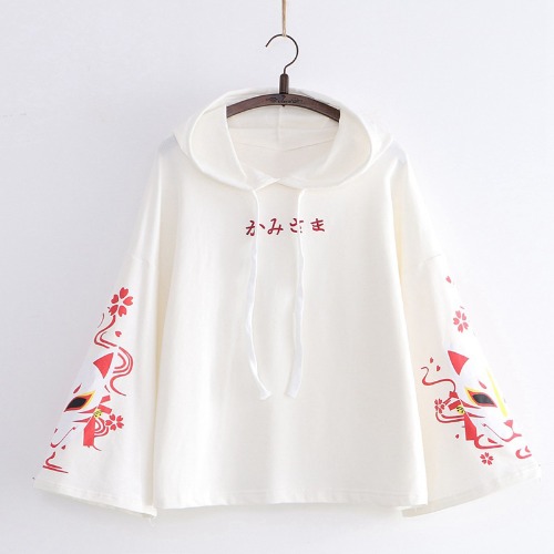 Sakura Fox Mask Print Drawstring T-Shirt