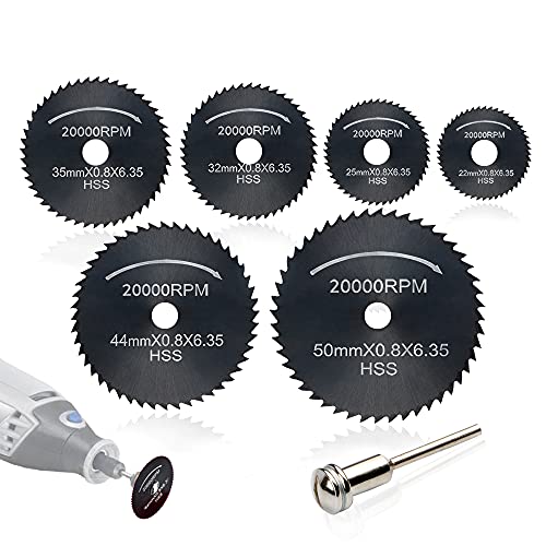 7Pcs HSS Rotary Tool Saw Blades, (Nitriding Steel) Mini Circular Saw Blade Set, Wood Cutting Discs, Mini Drill with (3.175mm) 1/8" Extension Rod for Dremel Drills Rotary Tools by AniSqui
