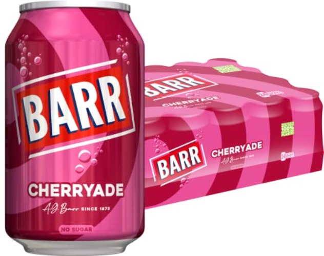 BARR since 1875, 24 Pack Cherryade, Zero No Sugar Cherry Flavoured Fizzy Drink Cans "Fizzingly Fun" - 24 x 330 ml Cans - Cherryade - No Sugar - 330ml - 24 Cans