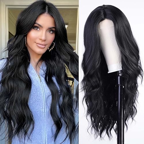 Starluck Long Black Wavy Wig for Women 26 Inch Middle Part Curly Wig Natural Looking Synthetic Heat Resistant Fiber Wig for Daily Party Use - Black