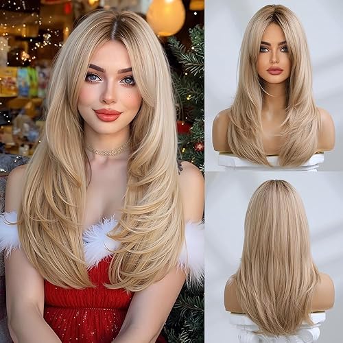 Esmee Long Blonde Wigs for Women Layered Synthetic Hair Ombre Wig with Dark Roots for Daily Party Cosplay Wea -20 Inches - Blonde