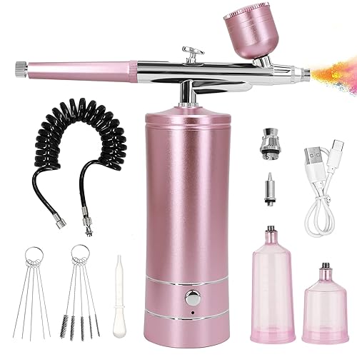 Airbrush Kit with Compressor, Auto Handheld Airbrush Gun with 0.3mm Tip, Rechargeable, Portable Air Brushes for Painting, Tattoo, Nail Art, Model Coloring, Makeup, Cake - Pink1