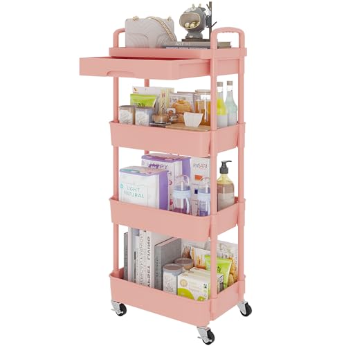 Calmootey 4-Tier Rolling Utility Cart with Drawer,Multifunctional Storage Organizer with Plastic Shelf & Metal Wheel,Storage Cart for Kitchen,Bathroom,Living Room,Office,Pink - 4-Tier - Pink