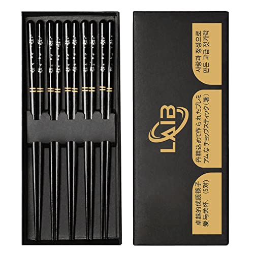 LAIB Japanese Wooden Chopsticks Set, 5 Pairs Premium Class Reusable Chopsticks in Luxurious Gift Box (Black) - Black